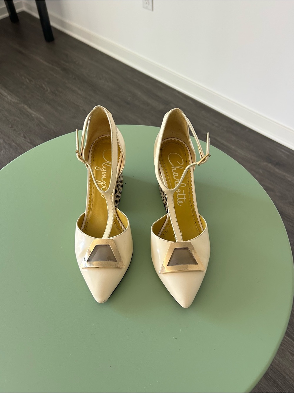 Charlotte Olympia Pointed Toe T-Strap Pumps with Gold Accent